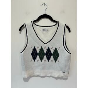 Hollister Y2K White Argyle Sweater Vest - Size Large